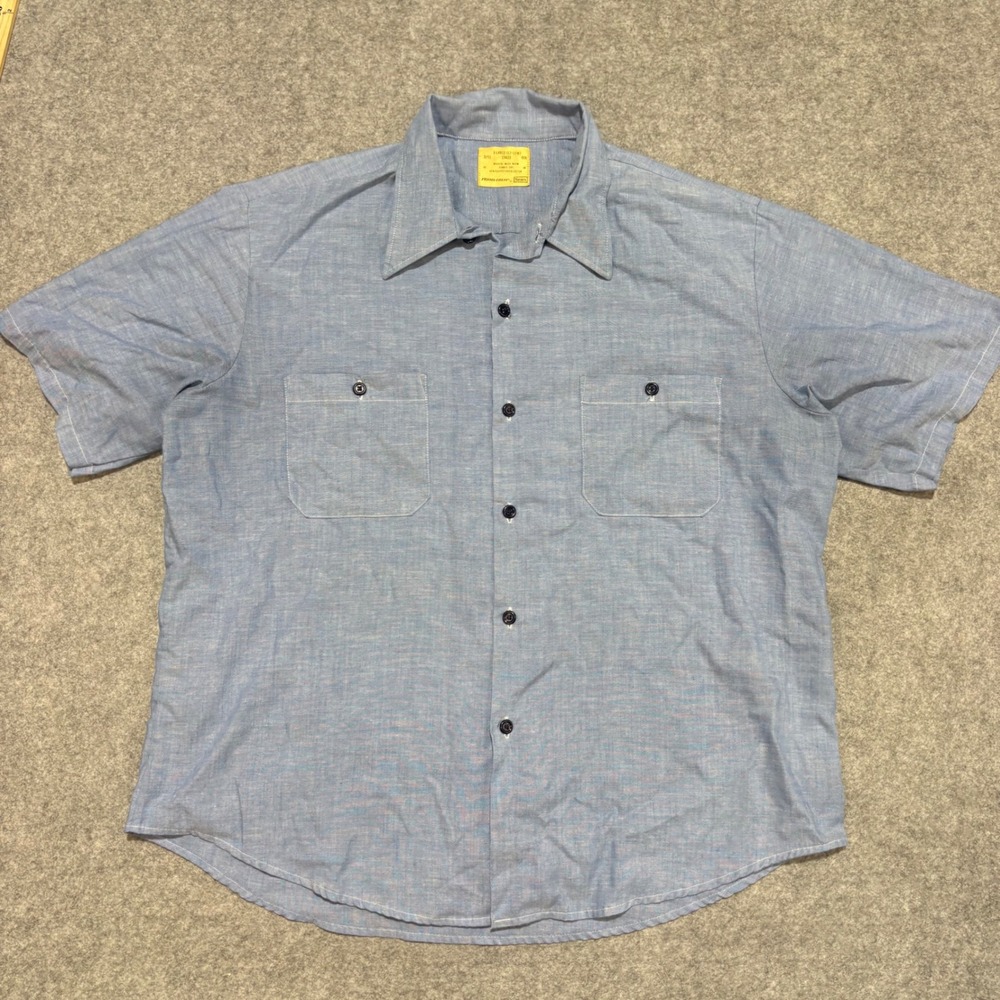 Vintage Sears Perma-Prest Mens XL Blue Short Sleeve Work Shirt Chambray Style